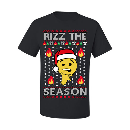 Rizz the Season, Viral Internet Fire Emoji Face Meme Romance Slang, Ugly Christmas Sweater Ugly Christmas Men's T-Shirt