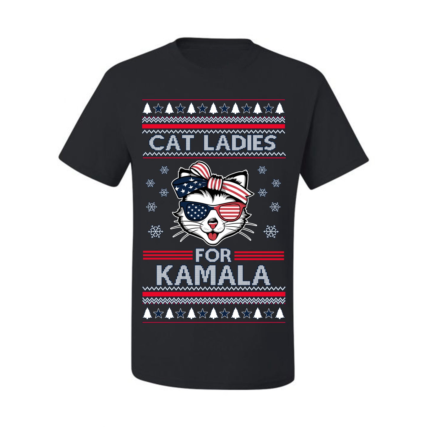 Cat Ladies for Kamala USA Glasses, Harris Tim Walz 2024 Cute USA Glasses Bow, Ugly Christmas Sweater Crewneck Sweatshirt Ugly Christmas Men's T-Shirt