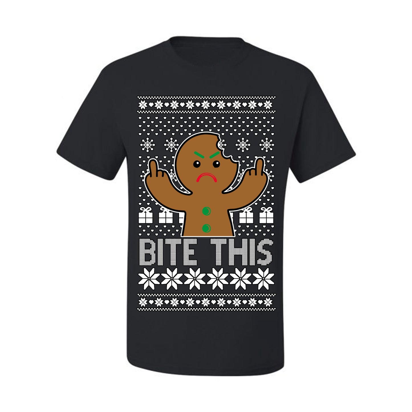 Bite This, Funny Gingerbread Cookie Offensive Inappropriate Middle Finger, F U Ginger Bread Dirty Novelty Xmas Ugly Christmas Sweater Ugly Christmas Men's T-Shirt