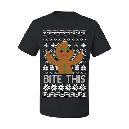 Bite This, Funny Gingerbread Cookie Offensive Inappropriate Middle Finger, F U Ginger Bread Dirty Novelty Xmas Ugly Christmas Sweater Ugly Christmas Men's T-Shirt