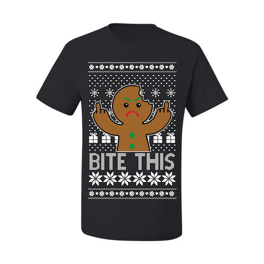 Bite This, Funny Gingerbread Cookie Offensive Inappropriate Middle Finger, F U Ginger Bread Dirty Novelty Xmas Ugly Christmas Sweater Ugly Christmas Men's T-Shirt