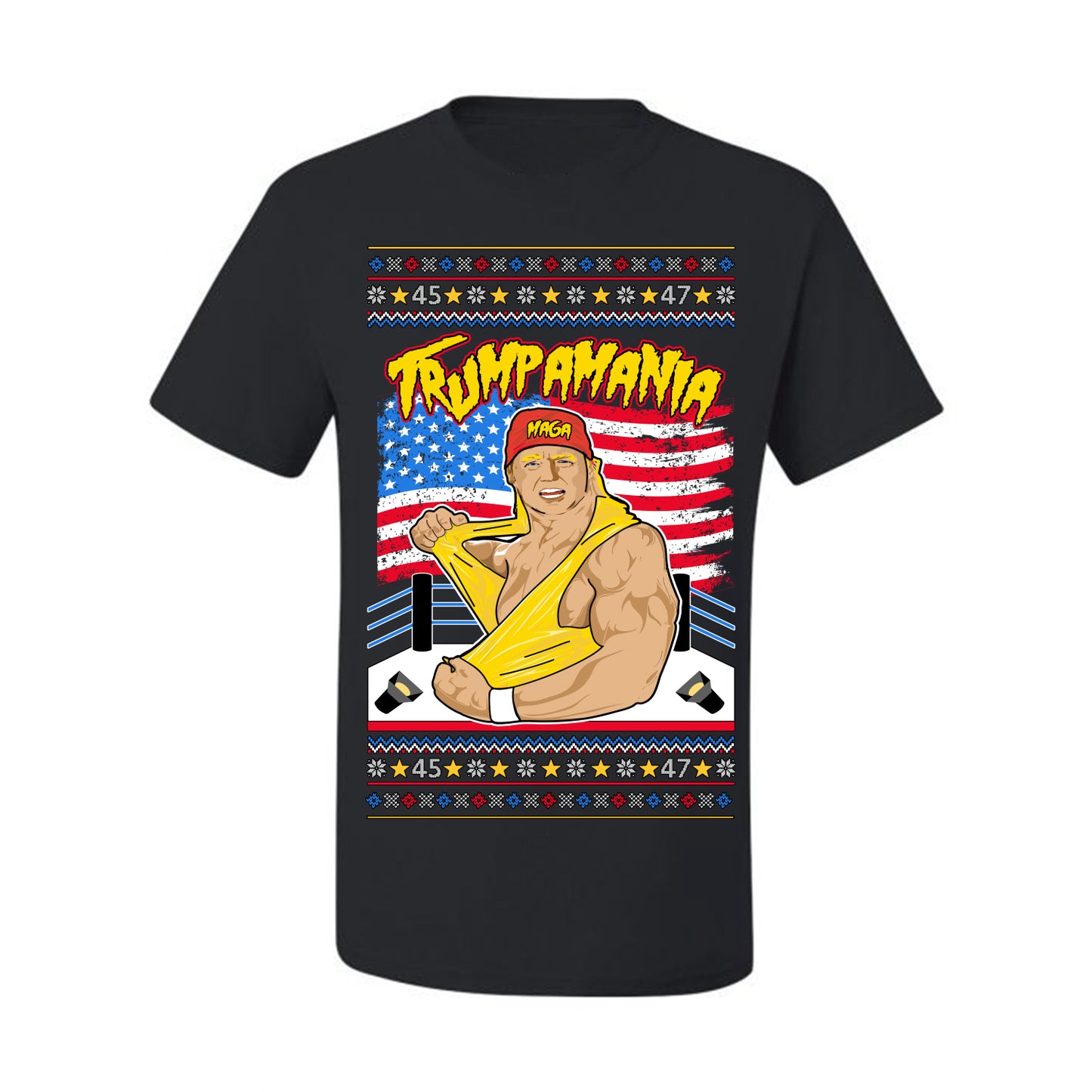 Trumpamania Funny Hogan 80s USA Wrestling Sports Parody, Donald Trump Vance 2024 Wrestler MAGA Make America Great Again, Ugly Christmas Sweater Ugly Christmas Men's T-Shirt