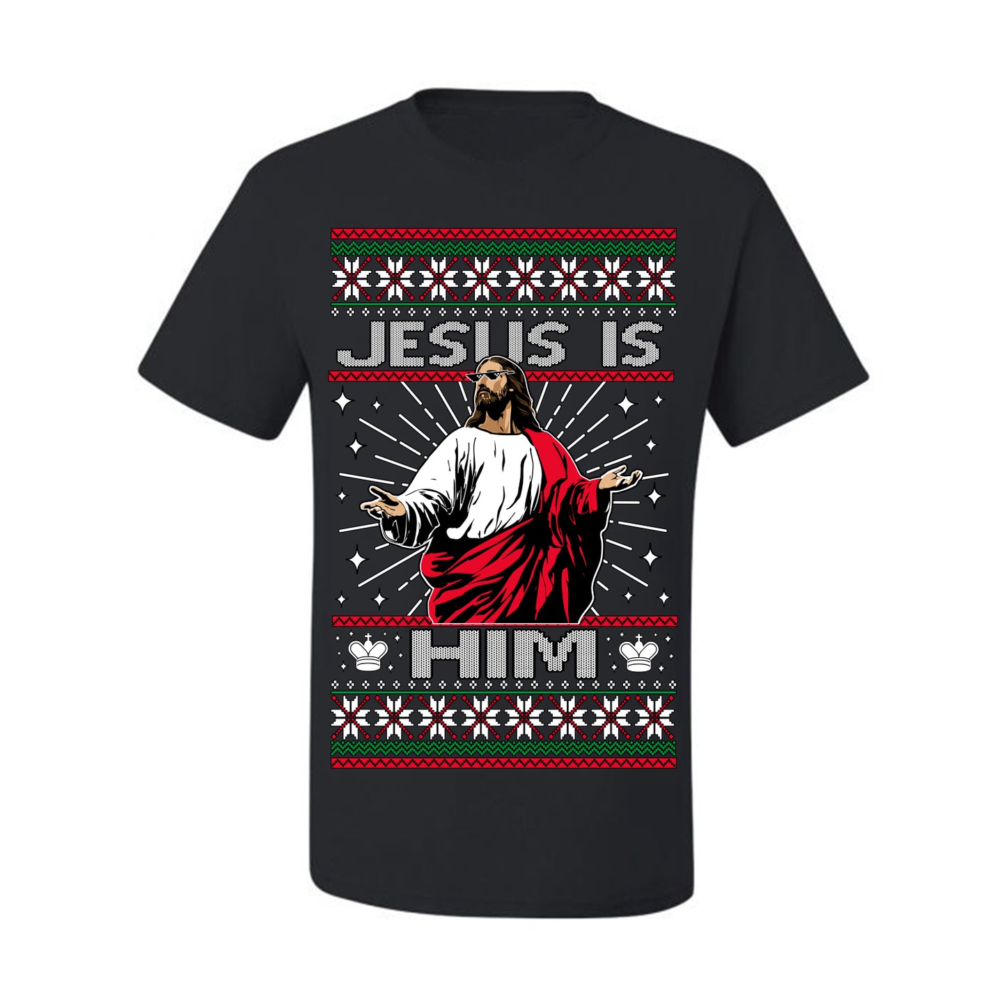 Jesus Is Him Funny Gen Z Viral Meme Shades, Religious Christ Christian Christianity Brain Rot Joke Slang Ugly Christmas Sweater Ugly Christmas Men's T-Shirt