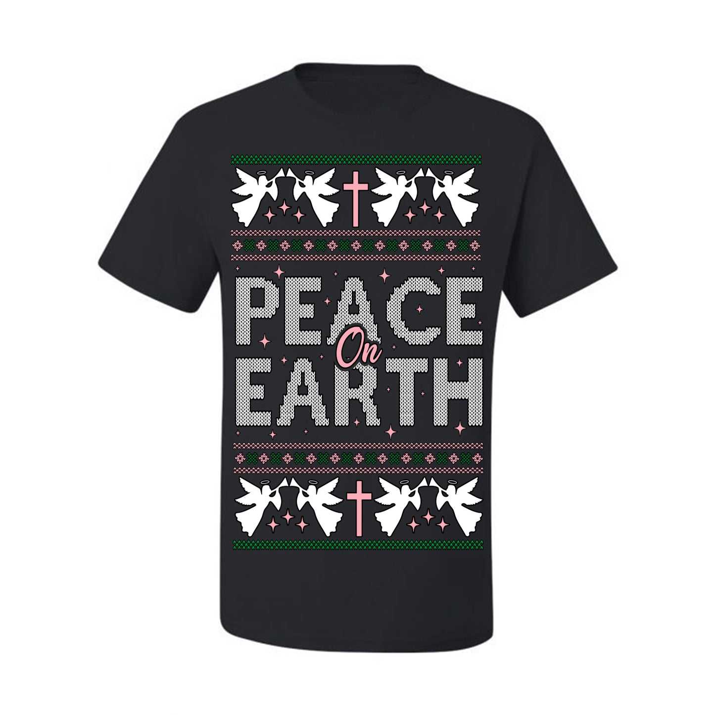 Peace On Earth Funny Xmas Cute Pink Angel Cross, Women Men Religious Christian Catholic Ugly Christmas Sweater Ugly Christmas Men's T-Shirt