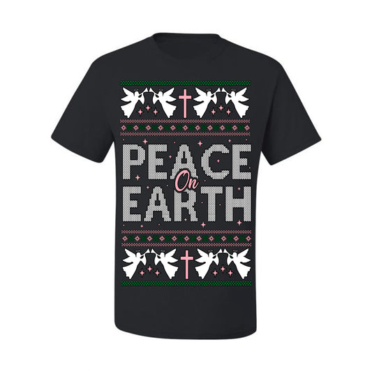 Peace On Earth Funny Xmas Cute Pink Angel Cross, Women Men Religious Christian Catholic Ugly Christmas Sweater Ugly Christmas Men's T-Shirt