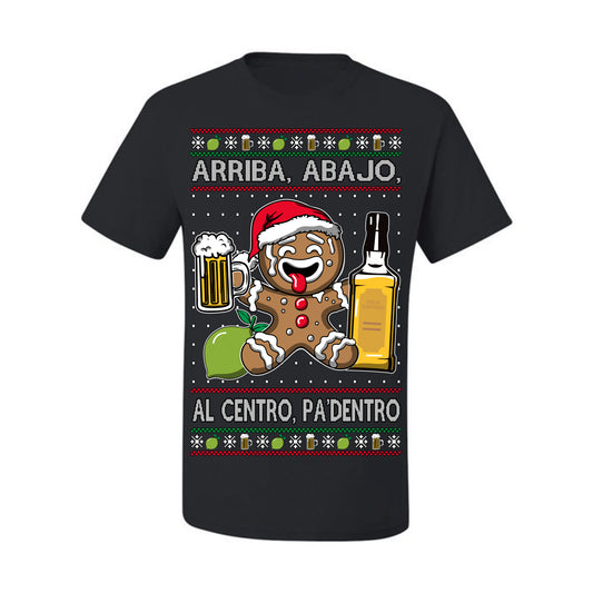 Arriba Abajo Al Centro Pa'Dentro Cheers to Health, Drinking Beer Cerveza Funny Gingerbread Xmas Cookie Ropa en Espanol Salud Ugly Christmas Sweater Ugly Christmas Men's T-Shirt