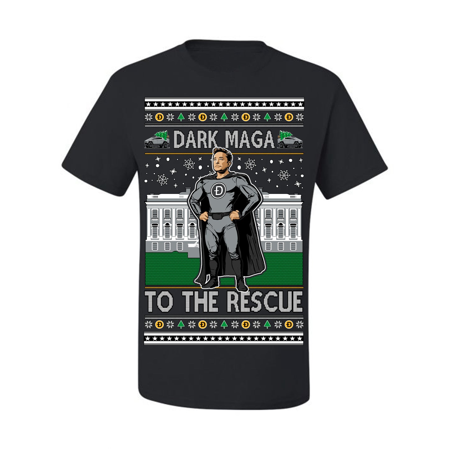 Dark MAGA to the Rescue, Elon Superhero Doge Crypto Dogecoin Make America Great Again Trump 2024 Ugly Christmas Sweater Ugly Christmas Men's T-Shirt