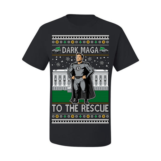 Dark MAGA to the Rescue, Elon Superhero Doge Crypto Dogecoin Make America Great Again Trump 2024 Ugly Christmas Sweater Ugly Christmas Men's T-Shirt