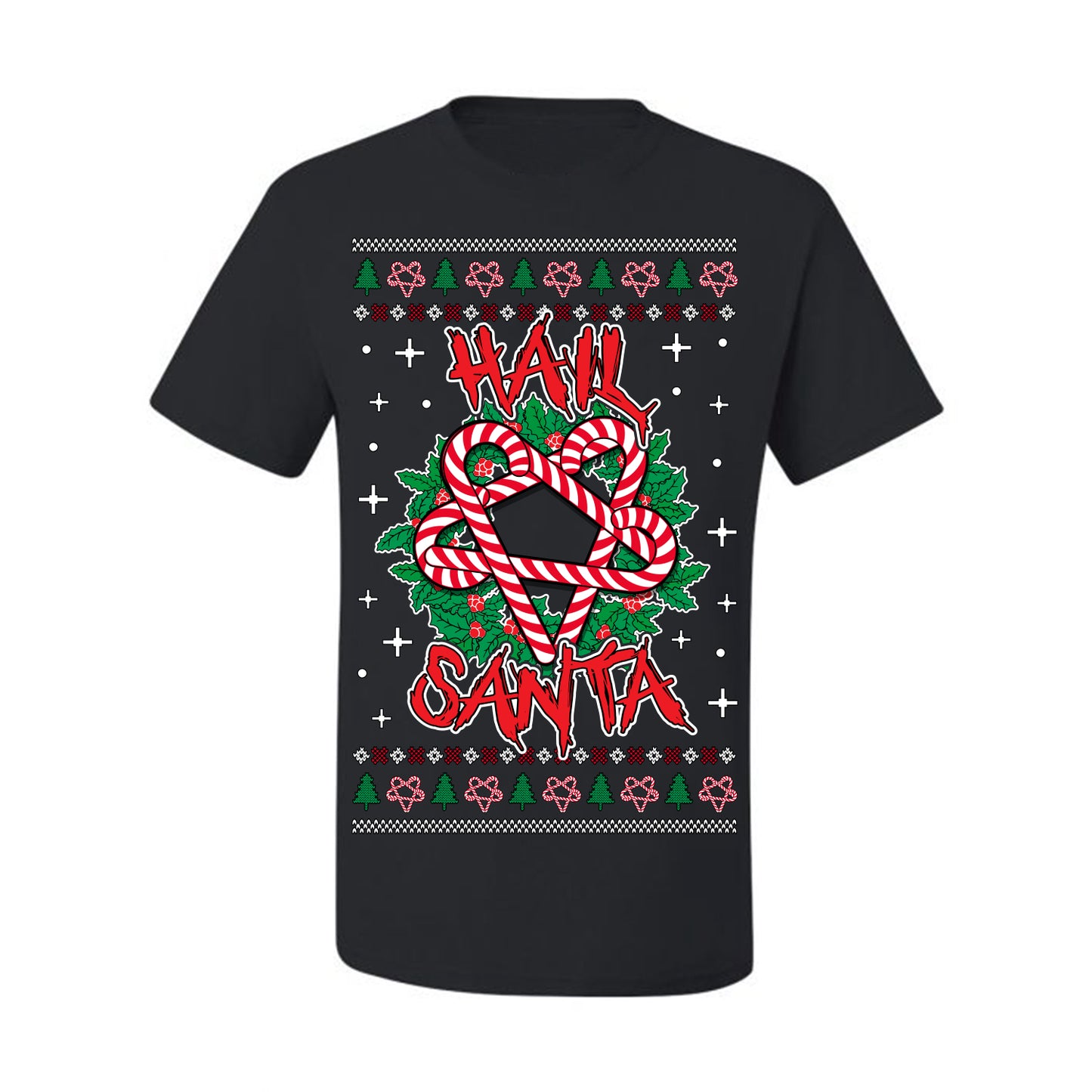 Hail Santa Funny Satanic, Candy Cane Wreath Devil Heavy Metal Rock Metalcore Music, Satan 666 Agnostic Areligious Ugly Christmas Sweater Ugly Christmas Men's T-Shirt