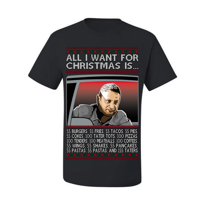 All I Want for Christmas Is 55 Burgers 55 Fries 55 Tacos 55 Pies, Funny Viral I Think Tim TV Show Gen Z Alpha Brainrot Meme Ugly Christmas Sweater Ugly Christmas Men's T-Shirt