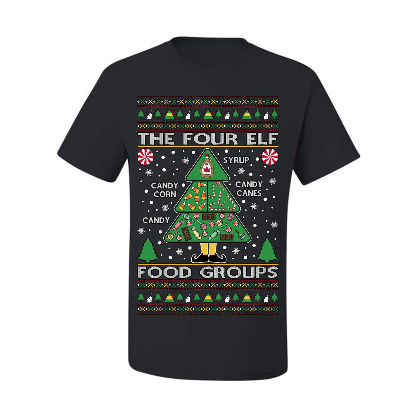 The Four Elf Food Groups, Peppermint Chocolate Candy Canes Syrup, Funny Ugly Christmas Sweater Ugly Christmas Men's T-Shirt
