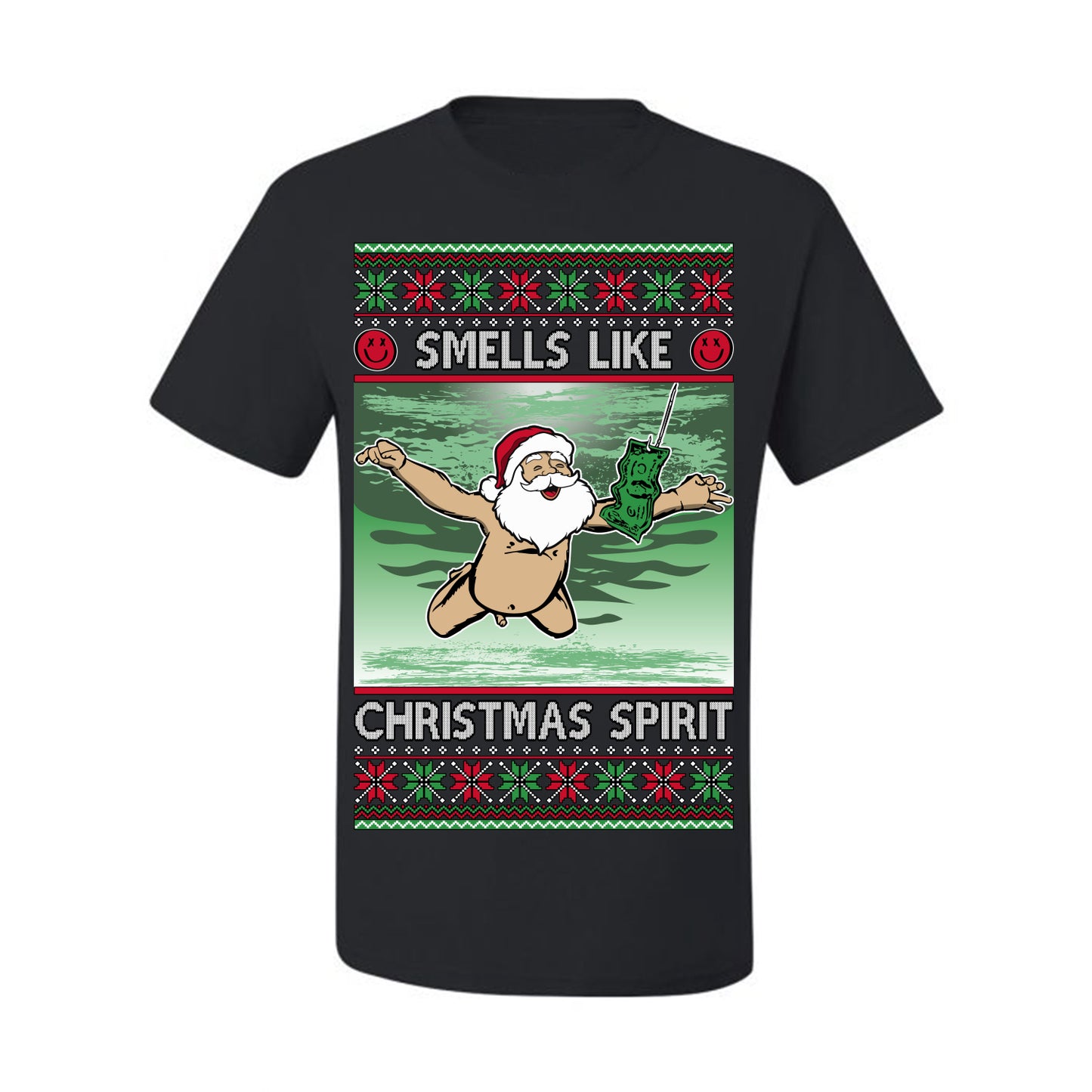 Smells Like Christmas Spirit, Funny Santa Claus Classic 90s Alternative Rock Album Cover Music Parody Ugly Christmas Sweater Ugly Christmas Men's T-Shirt