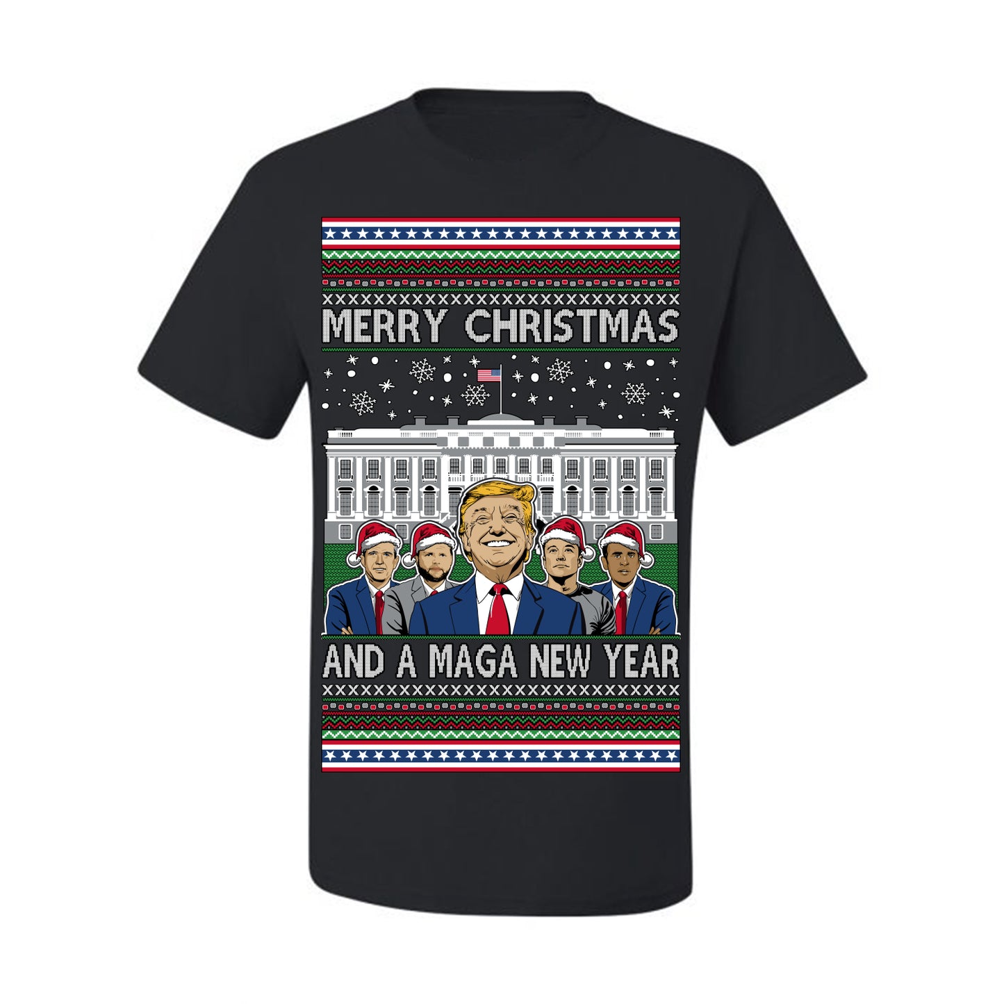Merry Christmas and a MAGA New Year 2025, Trump Vance Administration 45 47 Make America Great Again USA Ugly Christmas Sweater Ugly Christmas Men's T-Shirt