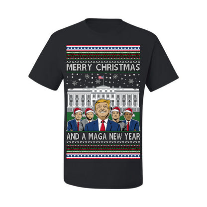 Merry Christmas and a MAGA New Year 2025, Trump Vance Administration 45 47 Make America Great Again USA Ugly Christmas Sweater Ugly Christmas Men's T-Shirt