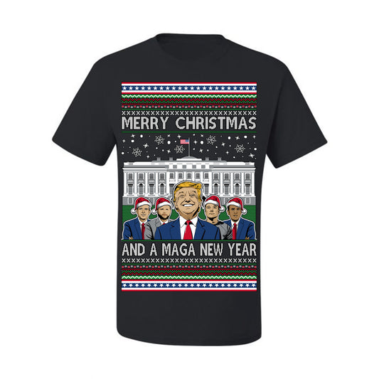 Merry Christmas and a MAGA New Year 2025, Trump Vance Administration 45 47 Make America Great Again USA Ugly Christmas Sweater Ugly Christmas Men's T-Shirt