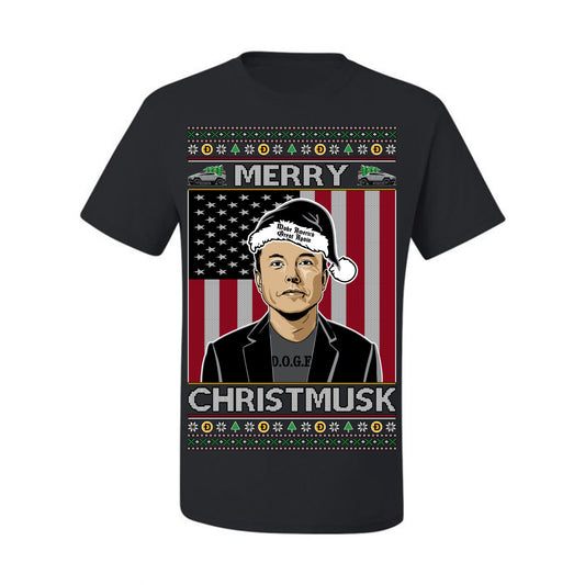 Merry Christmusk Funny Dark MAGA Santa Elon Doge Meme, Crypto Dogecoin America First USA Republican Ugly Christmas Sweater Ugly Christmas Men's T-Shirt