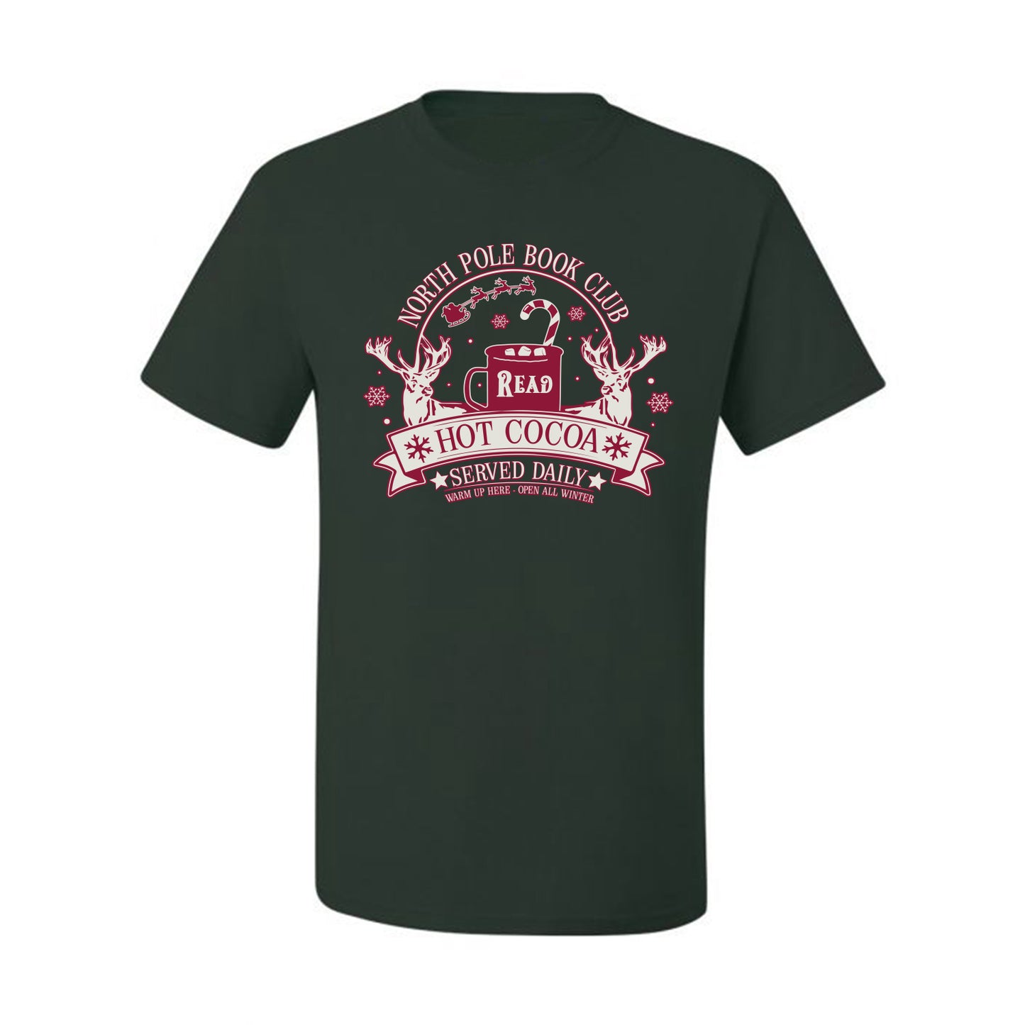 North Pole Book Club | Hot Cocoa Served Daily, Cute Funny Read Books Reading Snow Reindeer Winter Hot Chocolate Ugly Christmas Men's T-Shirt