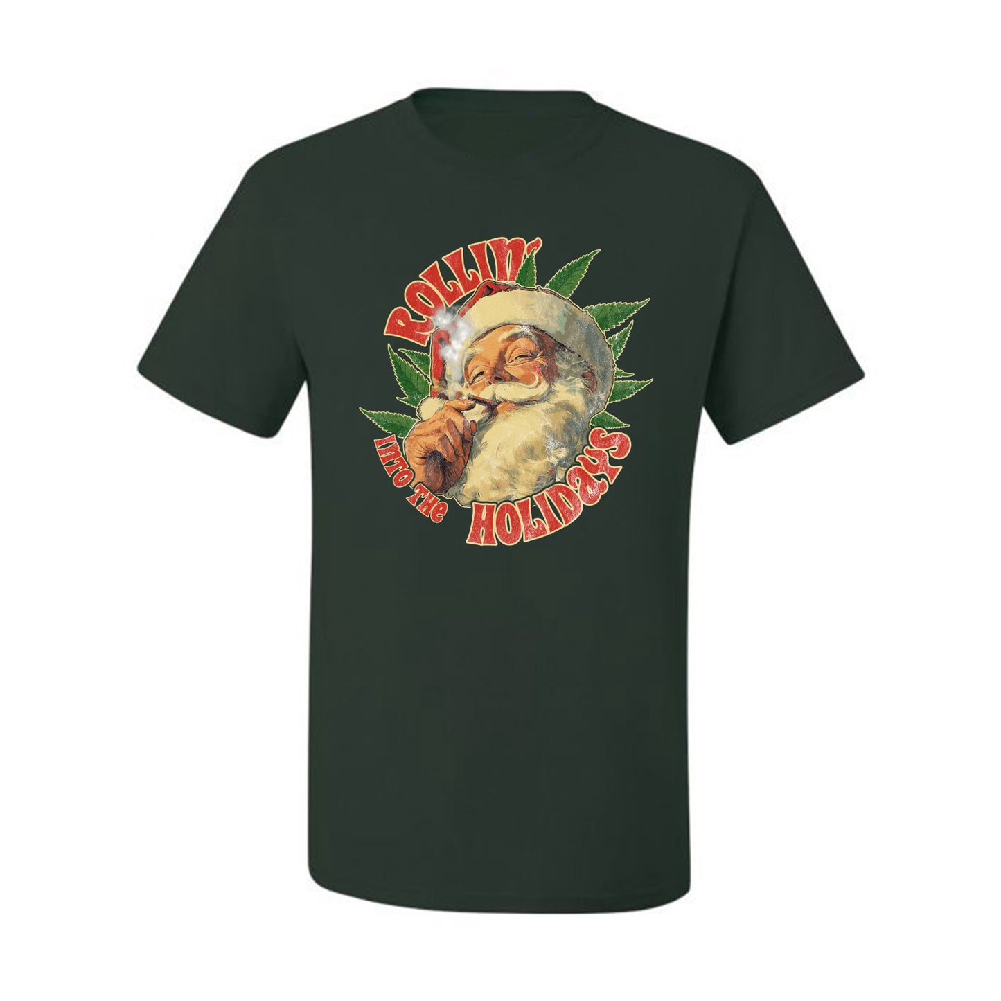 Rollin Into the Holidays | Funny Santa Claus Smoking Weed THC Marijuana Joint Fan  Ugly Christmas Men's T-Shirt