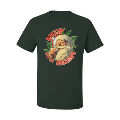 Rollin Into the Holidays | Funny Santa Claus Smoking Weed THC Marijuana Joint Fan  Ugly Christmas Men's T-Shirt