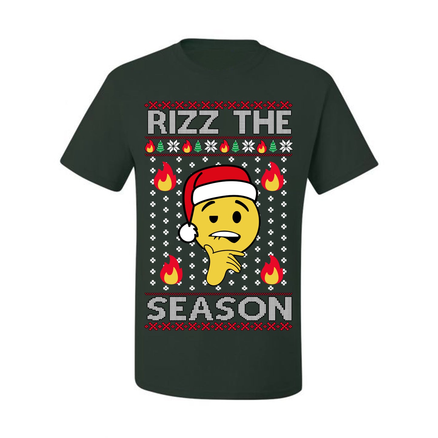 Rizz the Season, Viral Internet Fire Emoji Face Meme Romance Slang, Ugly Christmas Sweater Ugly Christmas Men's T-Shirt