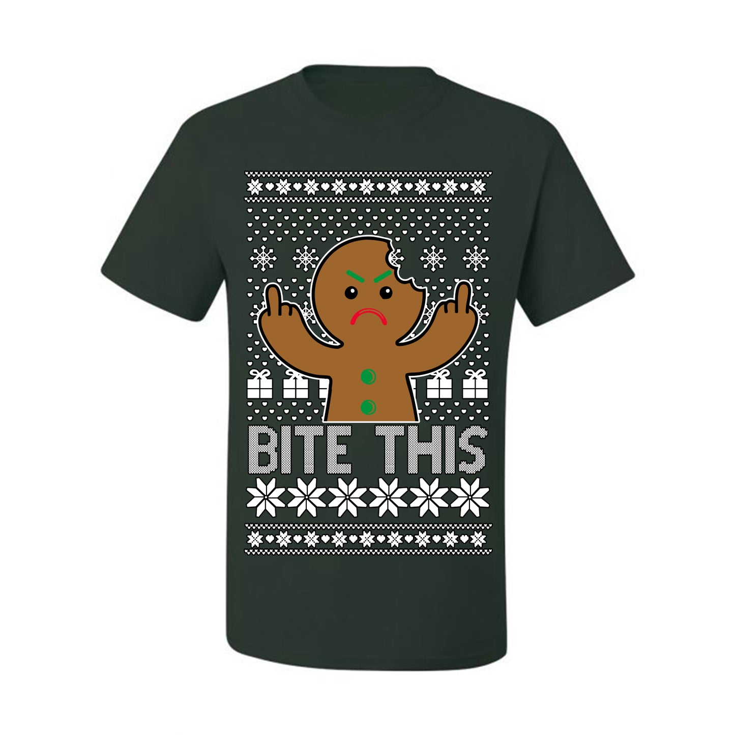 Bite This, Funny Gingerbread Cookie Offensive Inappropriate Middle Finger, F U Ginger Bread Dirty Novelty Xmas Ugly Christmas Sweater Ugly Christmas Men's T-Shirt