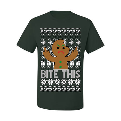 Bite This, Funny Gingerbread Cookie Offensive Inappropriate Middle Finger, F U Ginger Bread Dirty Novelty Xmas Ugly Christmas Sweater Ugly Christmas Men's T-Shirt