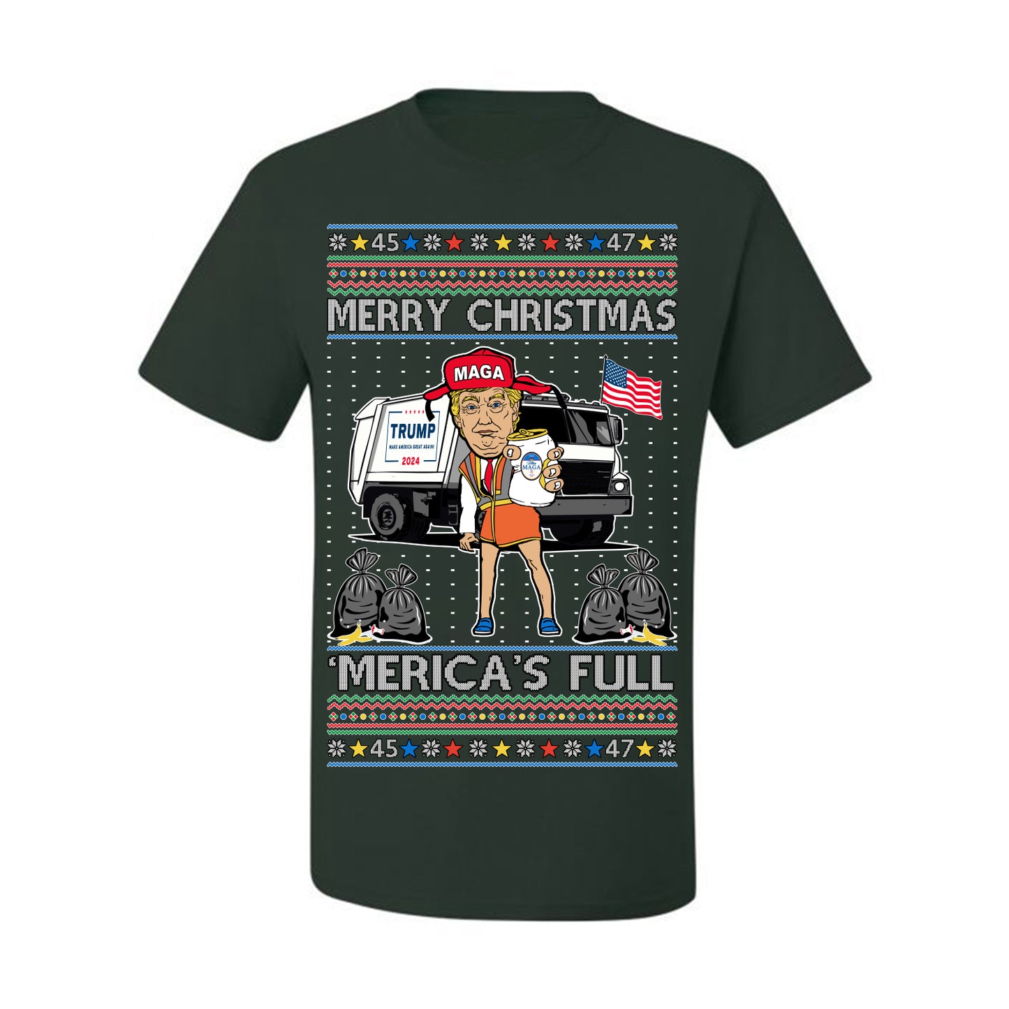 Donald Trump Merry Christmas Merica's Full, Cousin Eddie Christmas Vacation Garbage for Trump Funny Viral Meme, Ugly Christmas Sweater Ugly Christmas Men's T-Shirt