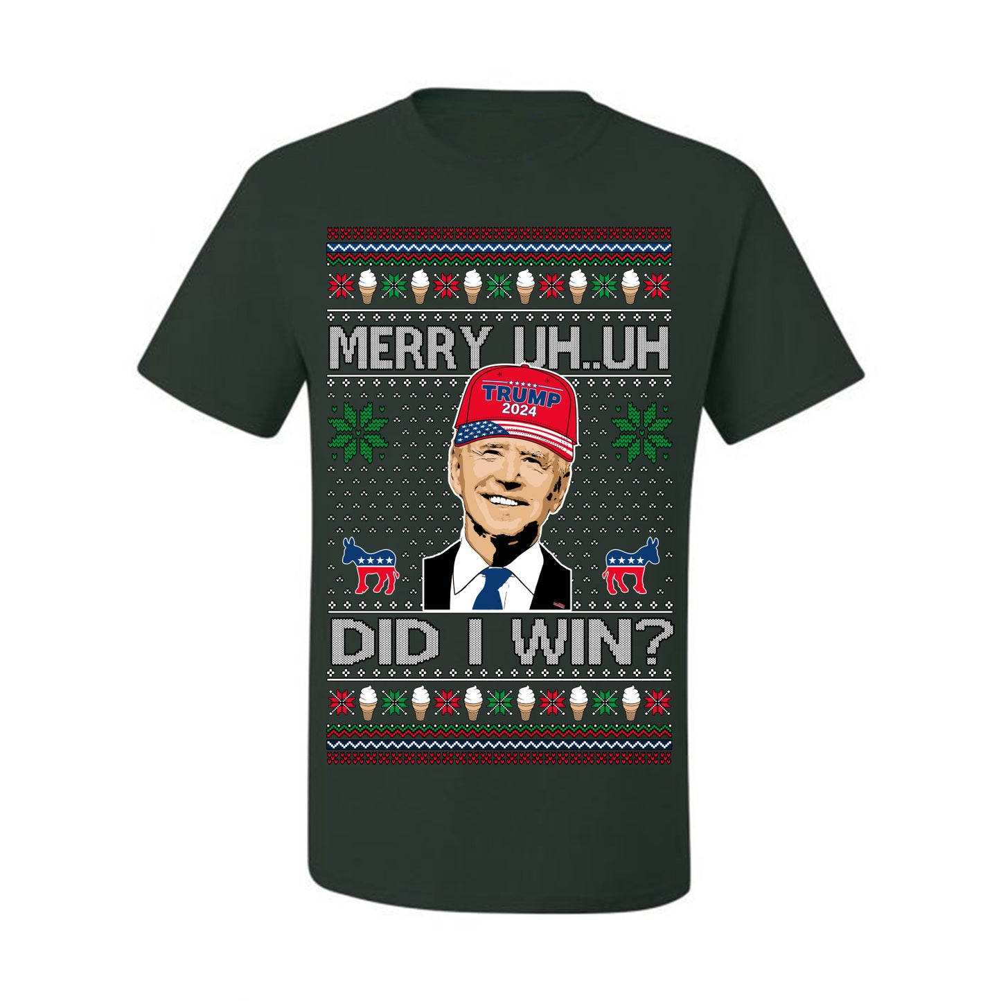 Merry Uh Did I Win? Funny Confused Joe Biden, Liberal Democrats Election 2024 Ugly Christmas Sweater Ugly Christmas Men's T-Shirt