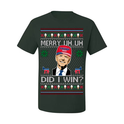 Merry Uh Did I Win? Funny Confused Joe Biden, Liberal Democrats Election 2024 Ugly Christmas Sweater Ugly Christmas Men's T-Shirt
