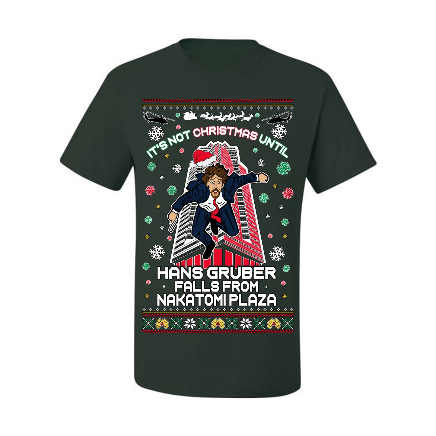 It's Not Christmas Until Hans Gruber Falls From Nakatomi Plaza, Color Design Skyscraper LA Falling Iconic 80s Xmas Movie Ugly Christmas Sweater Ugly Christmas Men's T-Shirt