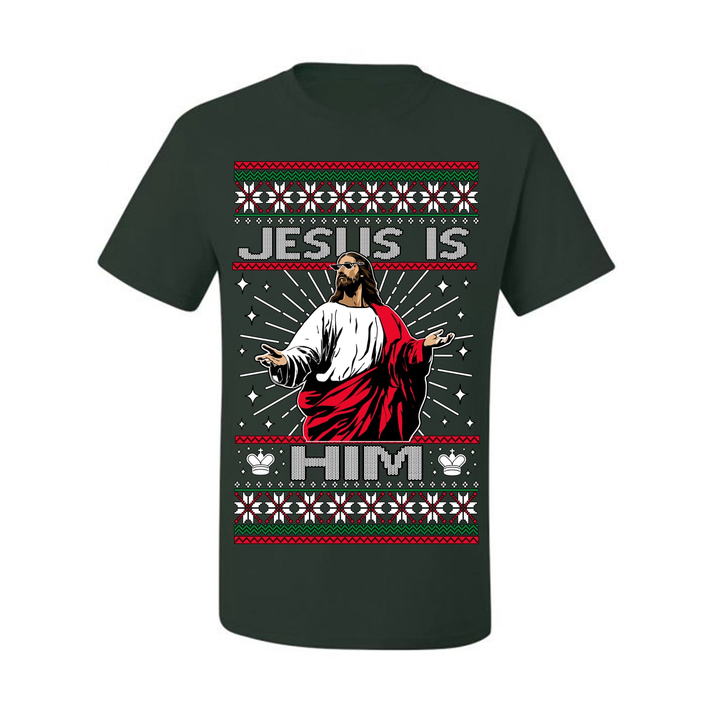 Jesus Is Him Funny Gen Z Viral Meme Shades, Religious Christ Christian Christianity Brain Rot Joke Slang Ugly Christmas Sweater Ugly Christmas Men's T-Shirt