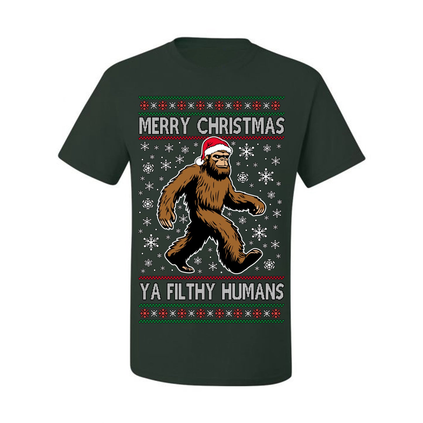 Merry Christmas Ya Filthy Humans Funny Sasquatch, UFO Conspiracy Theory Y2K Big Foot Supernatural Theorist Bigfoot Ugly Christmas Sweater Ugly Christmas Men's T-Shirt
