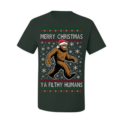 Merry Christmas Ya Filthy Humans Funny Sasquatch, UFO Conspiracy Theory Y2K Big Foot Supernatural Theorist Bigfoot Ugly Christmas Sweater Ugly Christmas Men's T-Shirt