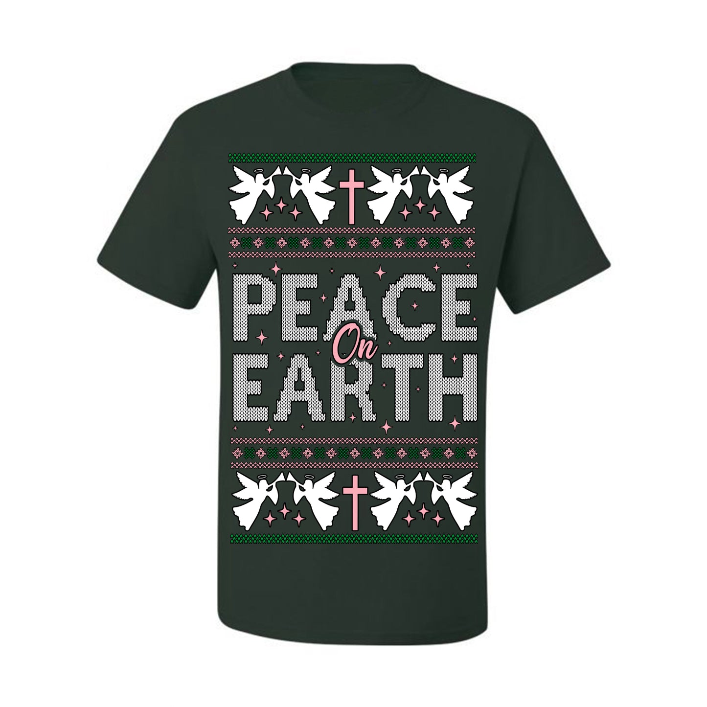 Peace On Earth Funny Xmas Cute Pink Angel Cross, Women Men Religious Christian Catholic Ugly Christmas Sweater Ugly Christmas Men's T-Shirt