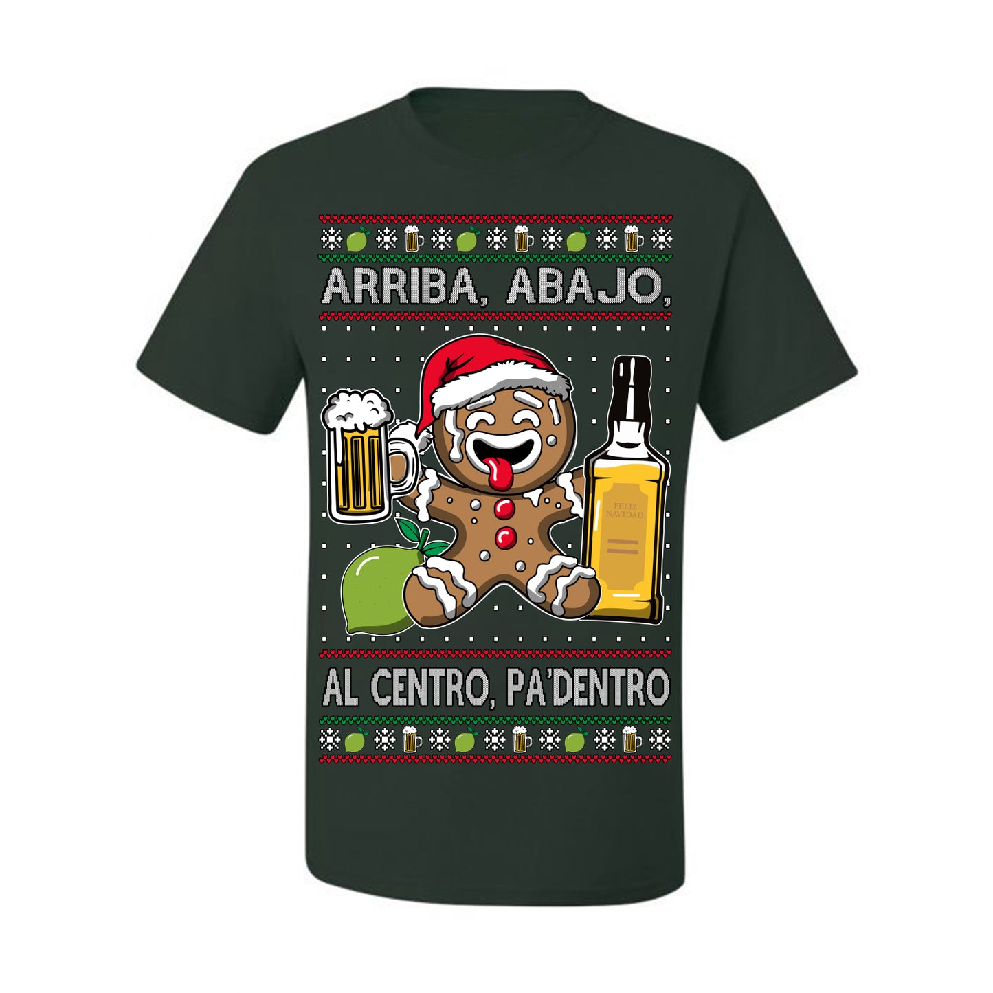 Arriba Abajo Al Centro Pa'Dentro Cheers to Health, Drinking Beer Cerveza Funny Gingerbread Xmas Cookie Ropa en Espanol Salud Ugly Christmas Sweater Ugly Christmas Men's T-Shirt