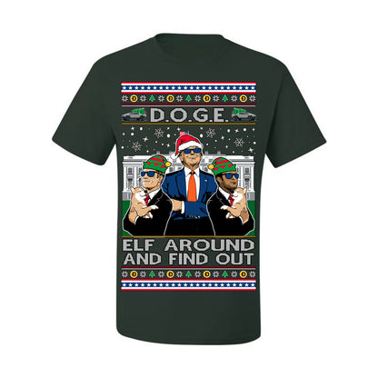 Doge Elf Around and Find Out Trump Elon Vivek, Department of Govenmental Efficiency D.O.G.E. Republicans MAGA Ugly Christmas Sweater Ugly Christmas Men's T-Shirt