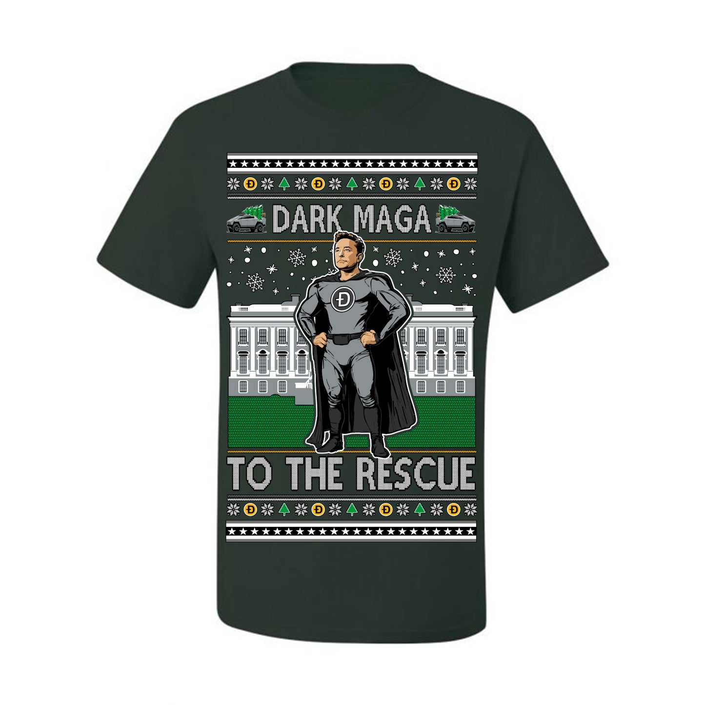Dark MAGA to the Rescue, Elon Superhero Doge Crypto Dogecoin Make America Great Again Trump 2024 Ugly Christmas Sweater Ugly Christmas Men's T-Shirt