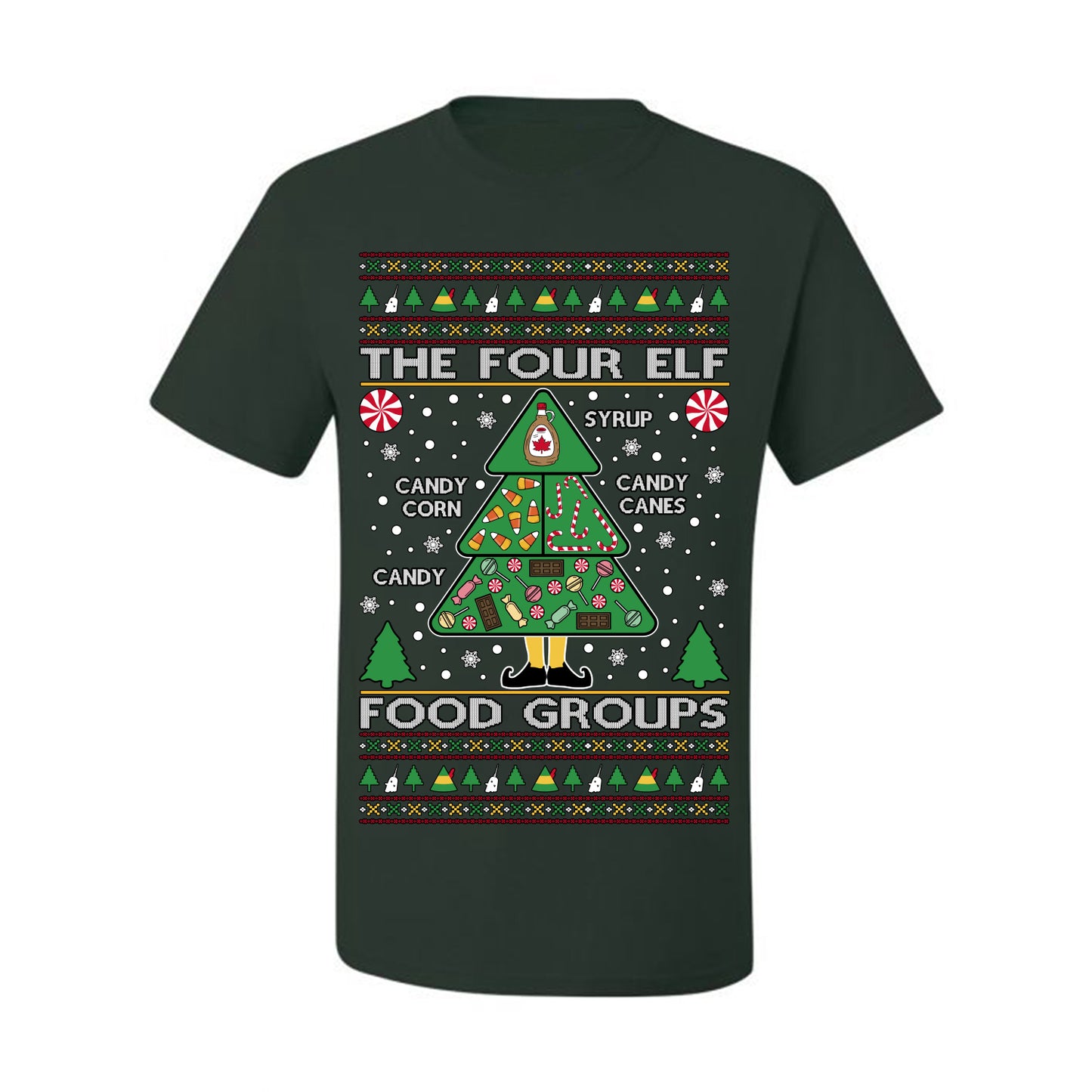 The Four Elf Food Groups, Peppermint Chocolate Candy Canes Syrup, Funny Ugly Christmas Sweater Ugly Christmas Men's T-Shirt
