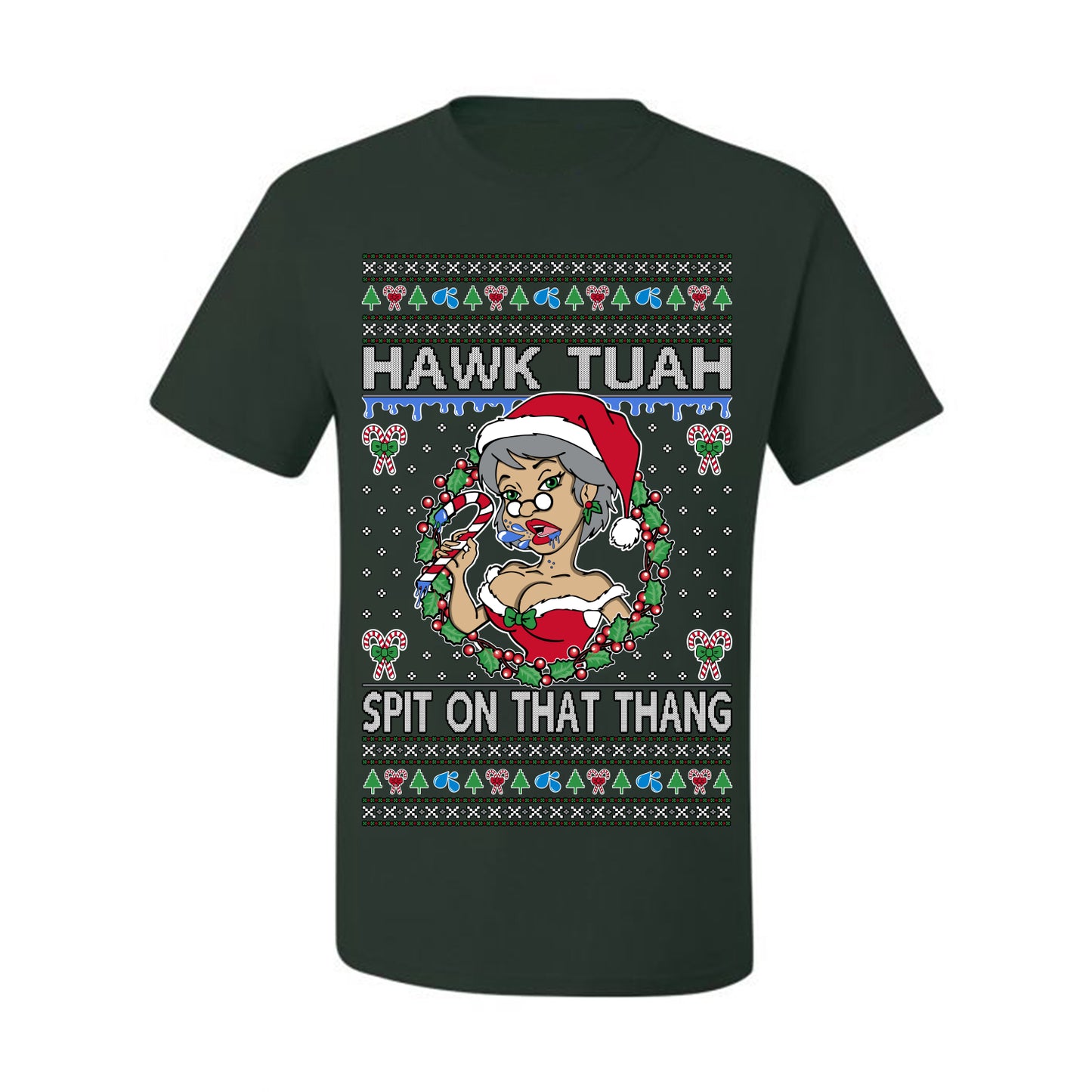 Hawk Tuah Spit On That Thang, Viral Hilarious Candy Cane Mrs Claus Funny Naughty Suck Meme, Ugly Christmas Sweater Ugly Christmas Men's T-Shirt