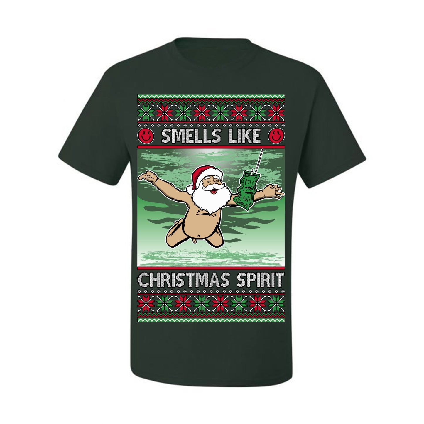 Smells Like Christmas Spirit, Funny Santa Claus Classic 90s Alternative Rock Album Cover Music Parody Ugly Christmas Sweater Ugly Christmas Men's T-Shirt