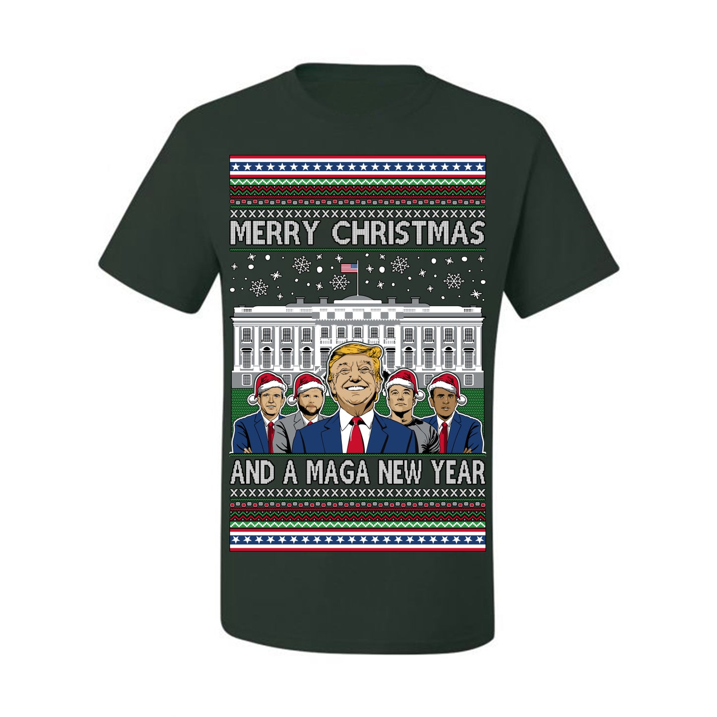 Merry Christmas and a MAGA New Year 2025, Trump Vance Administration 45 47 Make America Great Again USA Ugly Christmas Sweater Ugly Christmas Men's T-Shirt