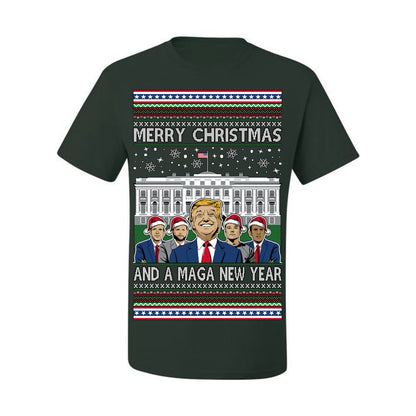 Merry Christmas and a MAGA New Year 2025, Trump Vance Administration 45 47 Make America Great Again USA Ugly Christmas Sweater Ugly Christmas Men's T-Shirt