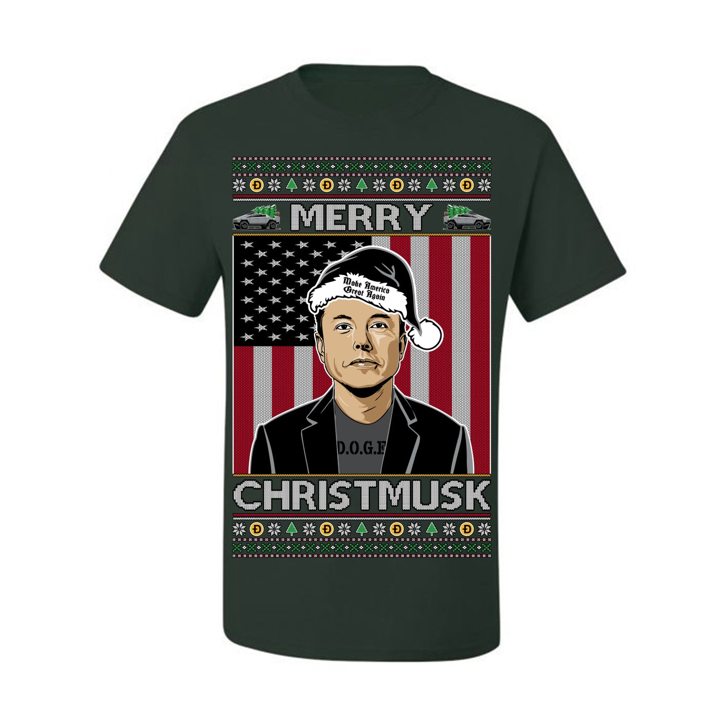 Merry Christmusk Funny Dark MAGA Santa Elon Doge Meme, Crypto Dogecoin America First USA Republican Ugly Christmas Sweater Ugly Christmas Men's T-Shirt