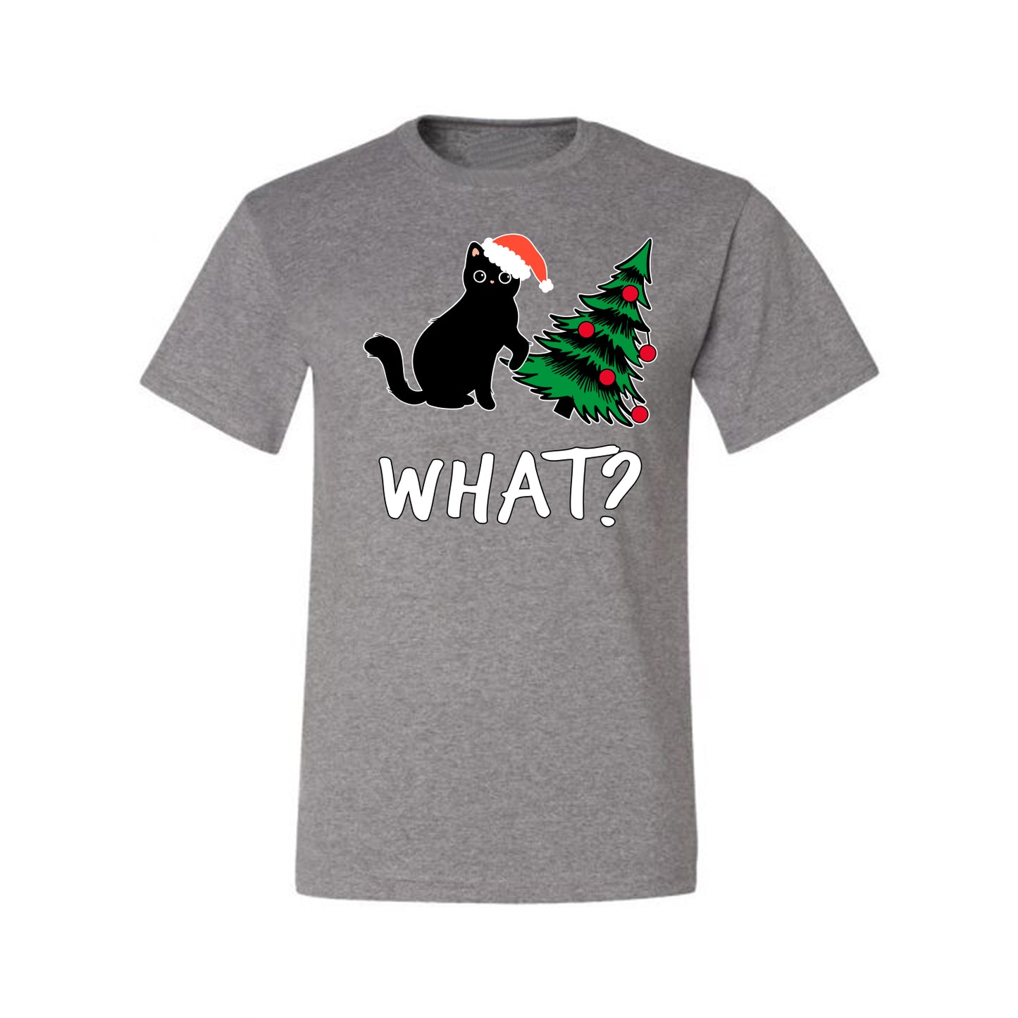 What? Funny Guilty Santa Cat Christmas Tree Mischief Pet Humor Ugly Christmas Men's T-Shirt