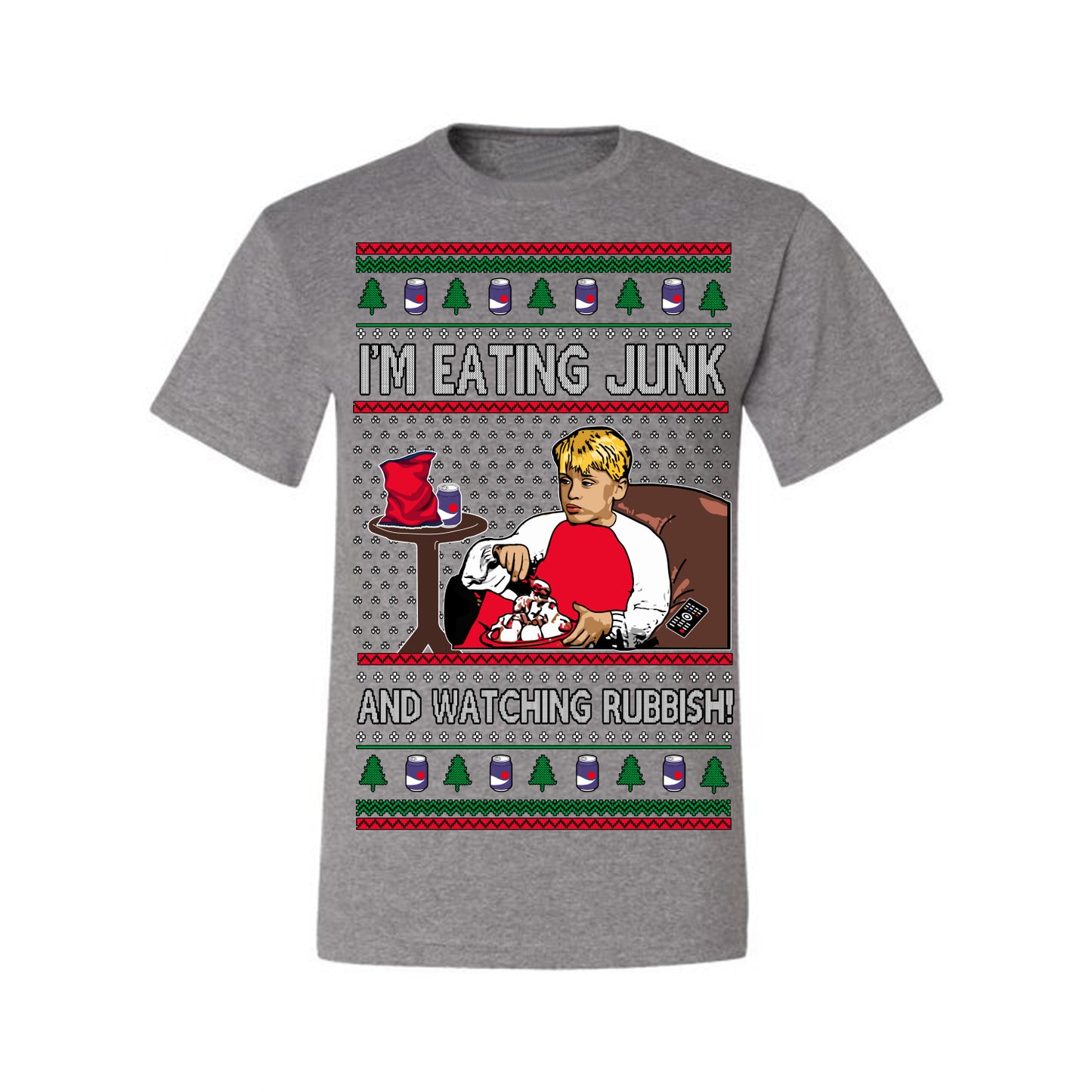 I'm Eating Junk and Watching Rubbish, Classic 90s Xmas Kevin Movie Ice Cream Soda Alone Movies, Ugly Christmas Sweater Ugly Christmas Men's T-Shirt