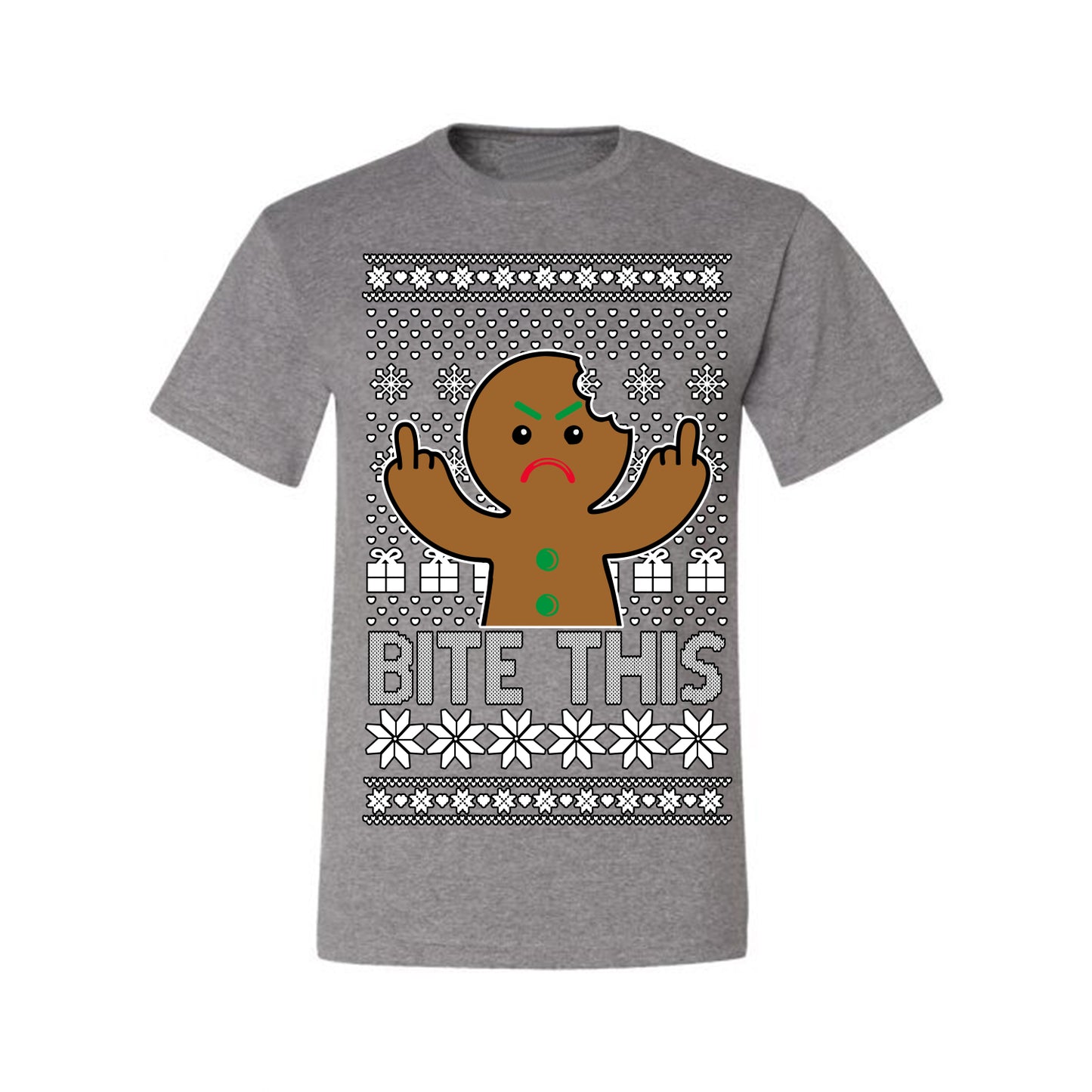 Bite This, Funny Gingerbread Cookie Offensive Inappropriate Middle Finger, F U Ginger Bread Dirty Novelty Xmas Ugly Christmas Sweater Ugly Christmas Men's T-Shirt