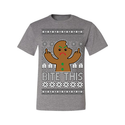 Bite This, Funny Gingerbread Cookie Offensive Inappropriate Middle Finger, F U Ginger Bread Dirty Novelty Xmas Ugly Christmas Sweater Ugly Christmas Men's T-Shirt