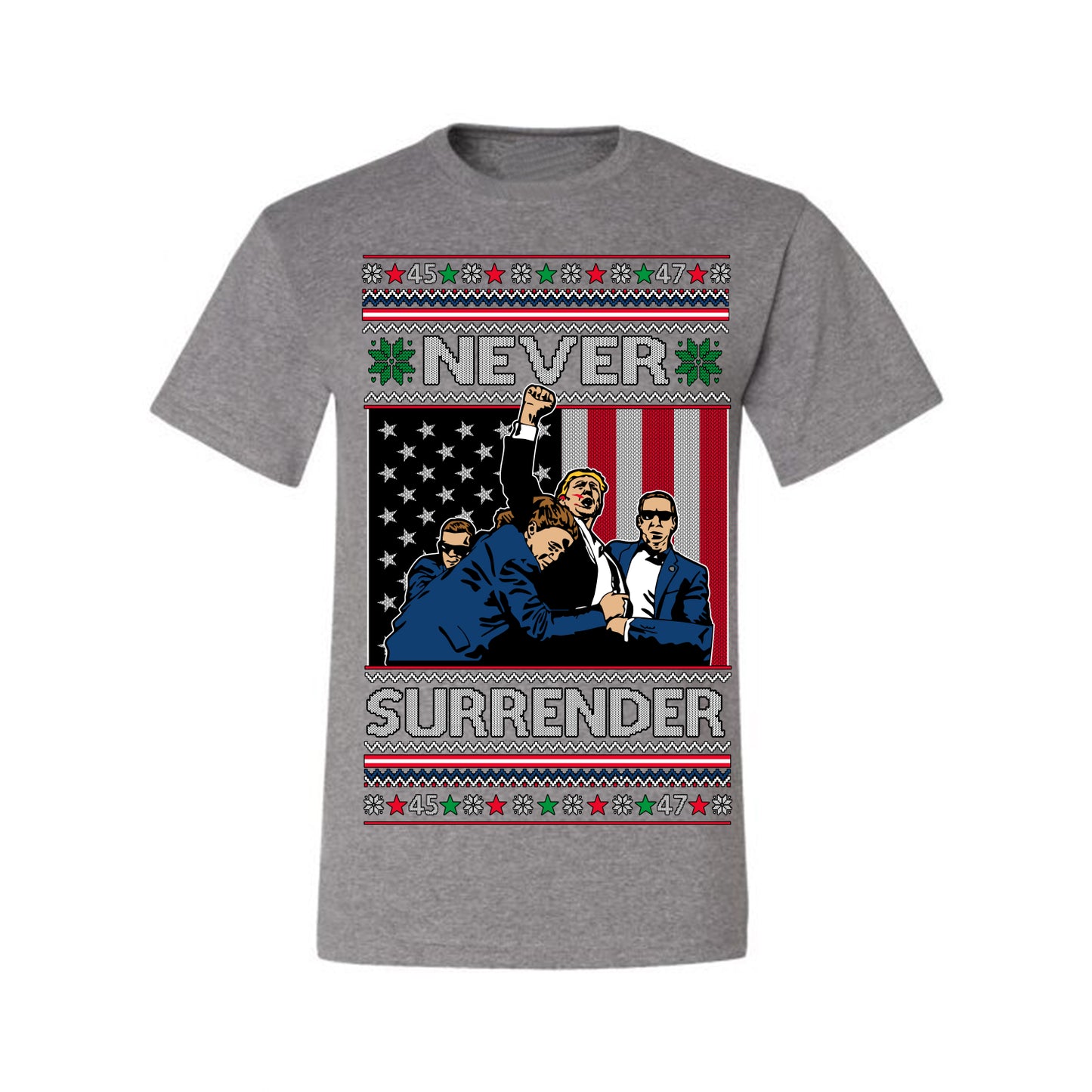 Never Surrender, Pro Donald Trump Fight Fight Fight Fist Pump 2024 Butler PA Rally Shot, Ugly Christmas Sweater Ugly Christmas Men's T-Shirt