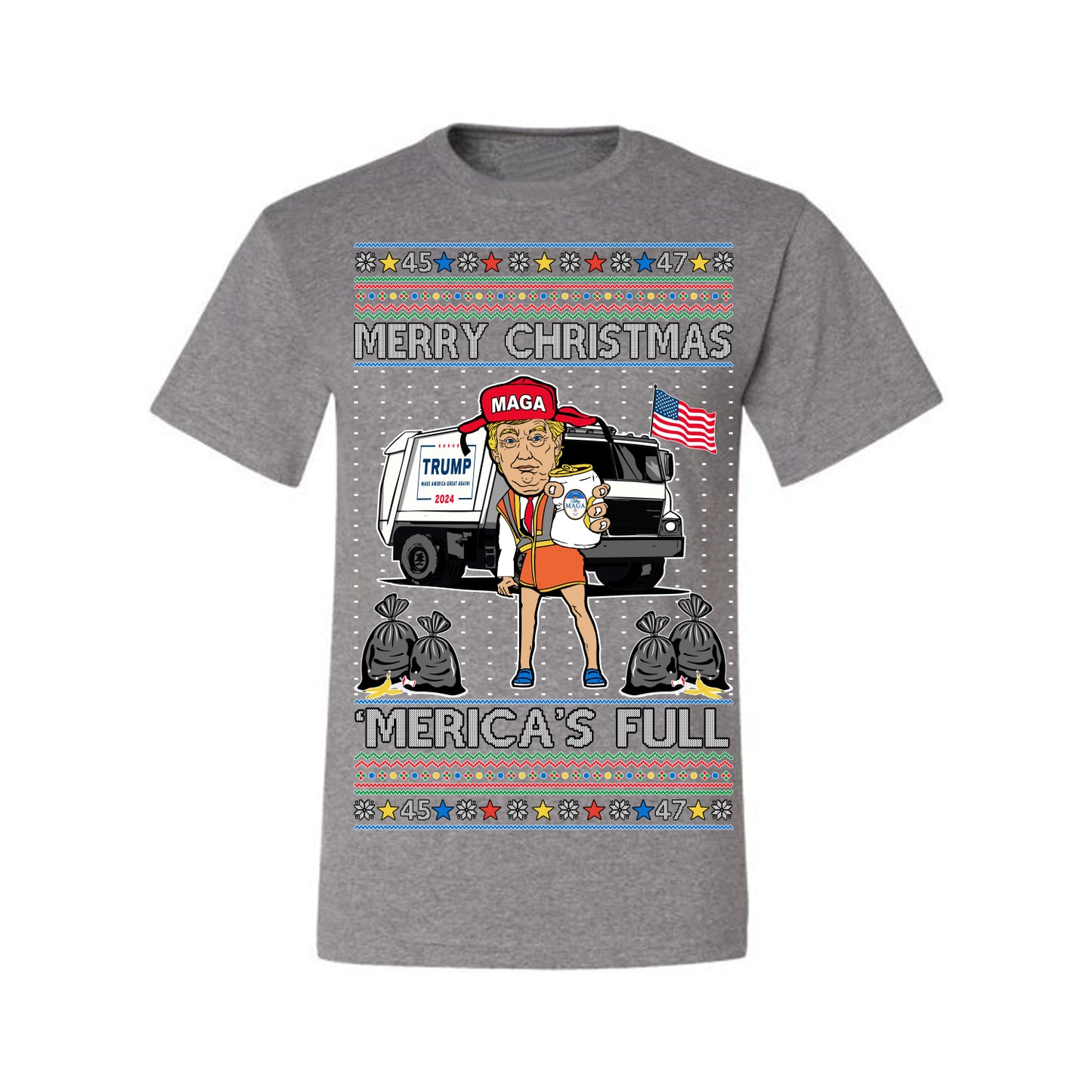 Donald Trump Merry Christmas Merica's Full, Cousin Eddie Christmas Vacation Garbage for Trump Funny Viral Meme, Ugly Christmas Sweater Ugly Christmas Men's T-Shirt
