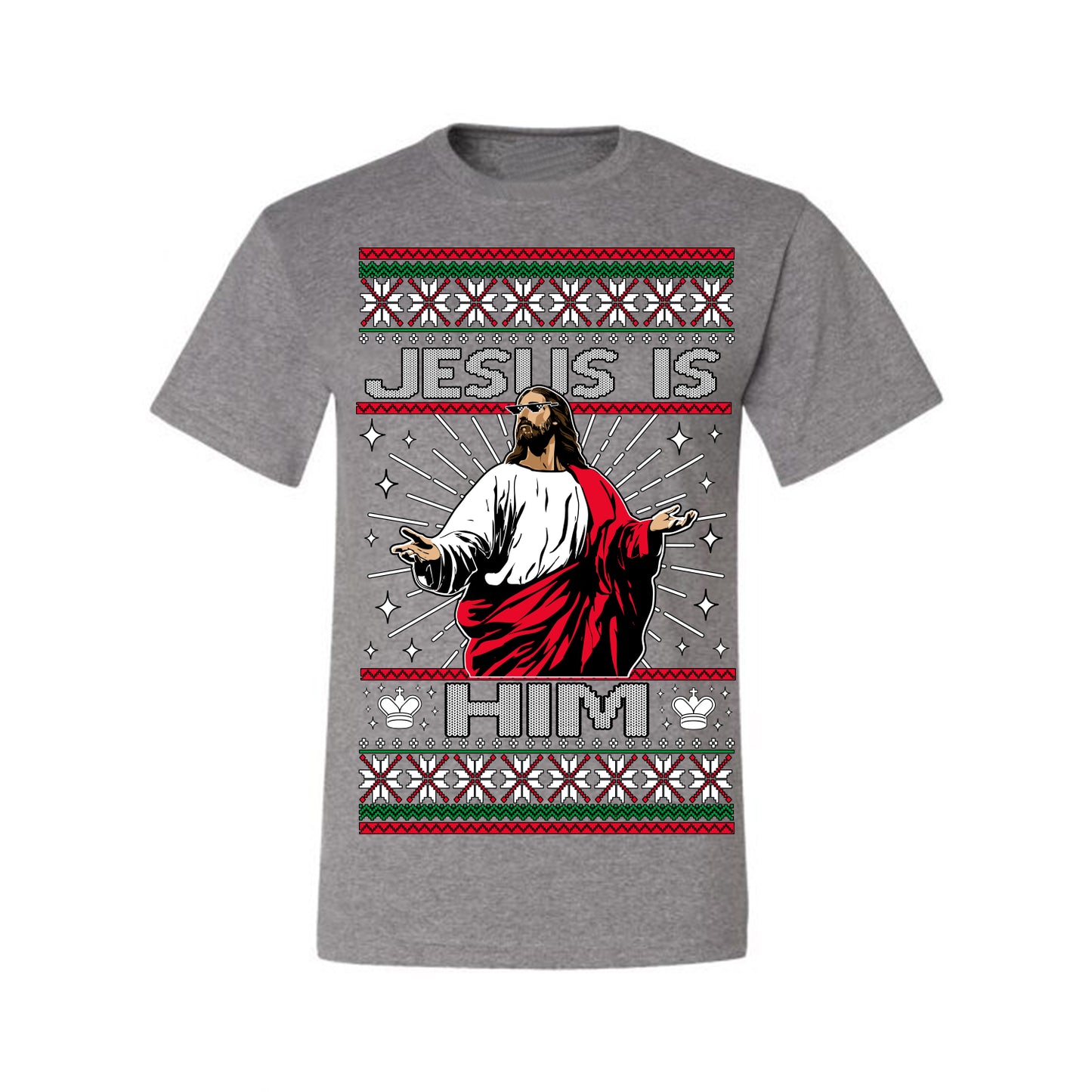Jesus Is Him Funny Gen Z Viral Meme Shades, Religious Christ Christian Christianity Brain Rot Joke Slang Ugly Christmas Sweater Ugly Christmas Men's T-Shirt